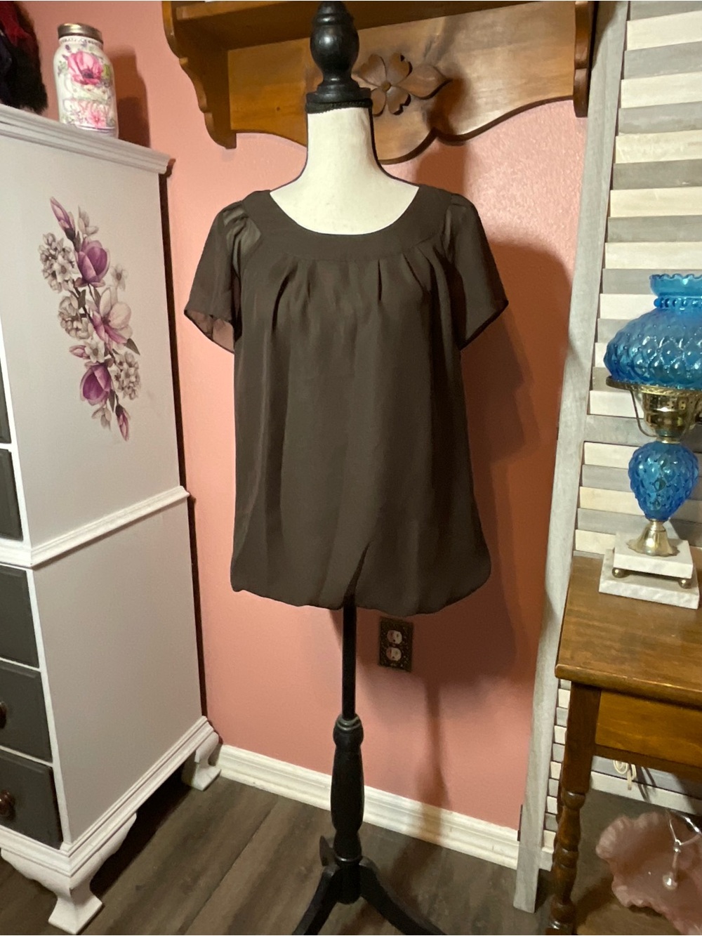 Fred David Chocolate Brown Short Sleeve Scoop Neck Blouse
